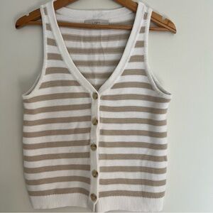Loft Women’s White and Beige Striped Sweater Button Vest Tank Top Size Medium